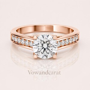 Bespoke vvs/vs Clarity Diamond Round Lab Diamond Solitaire Ring, 1.18 CTW 10K Gold Pavé Band Engagement Ring Anniversary Gift