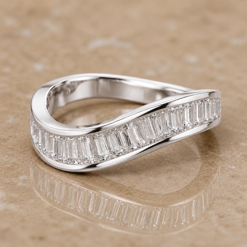 14k Gold Baguette Diamond Wave Ring: IGI Certified Wedding Band - Etsy