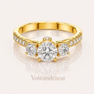 Bespoke vvs/vs Clarity Diamond 10K Gold Three Stone Ring, Round & Cushion Lab Diamonds, Pave Band, Bridal Engagement Ring Anniversary Gift