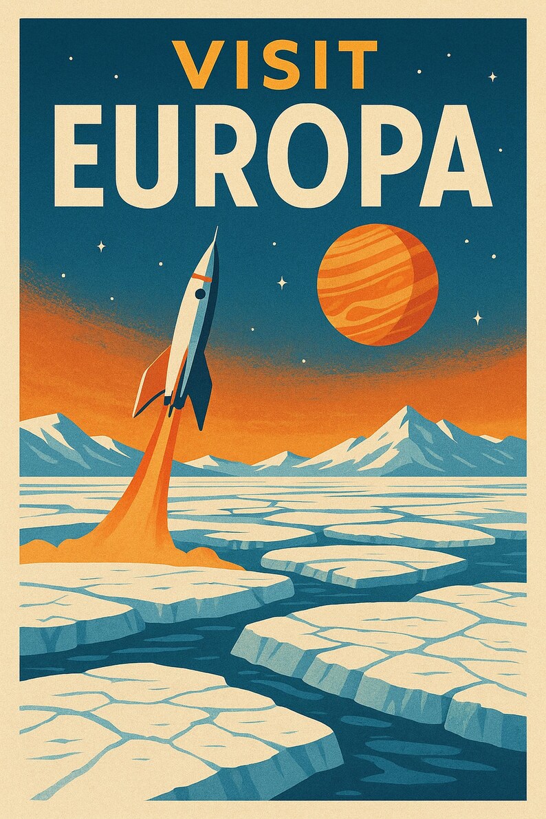 Retro Space Travel Poster | Visit Europa Printable Wall Art | Mid ...