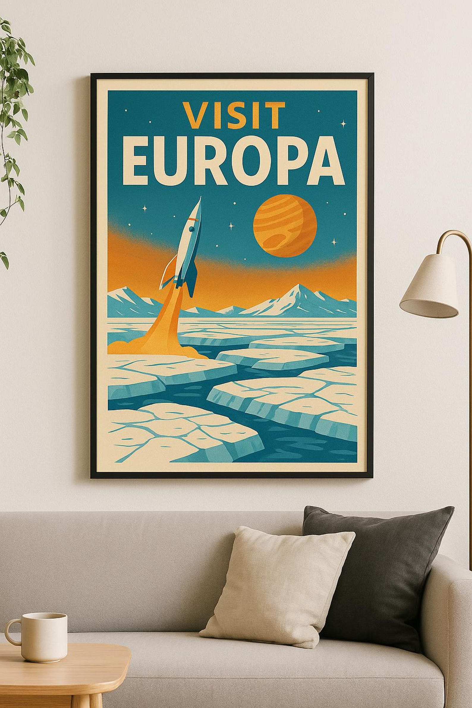Retro Space Travel Poster | Visit Europa Printable Wall Art | Mid ...