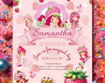 Strawberry Shortcake Birthday Invitation: Editable Canva Template (Digital Download)