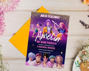 Invitación de cumpleaños de cazadores de demonios del Kpop / Invitación editable para fiesta temática de Kpop / Cumpleaños de anime de cazadores de demonios / Invitación digital Canva