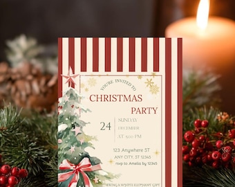 May include: A festive Christmas party invitation featuring a watercolour Christmas tree design. The invitation has a red and white striped border and includes the text "You're Invited to Christmas Party" with the date, time, and location.