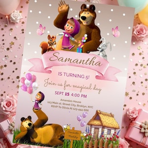 May include: A birthday party invitation with cartoon characters, balloons, and the name "Samantha." The invitation includes the text "IS TURNING 5!" and event details. The design incorporates pink and brown tones.