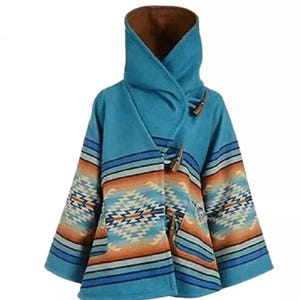 May include: A turquoise hooded coat with a brown interior and wooden toggle closures. The coat features a Southwestern-inspired pattern with blue, orange, and cream geometric designs on the sleeves and lower portion.