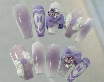 Uñas postizas B T S Ombre / Diseño de uñas con lazo y corazón / Uñas postizas kawaii hechas a mano con diamantes de imitación y diseño de inspiración coreana