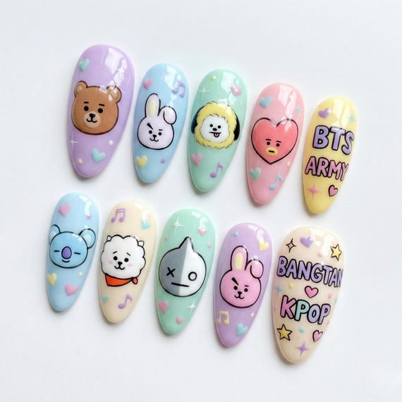 Cute B T S Kpop Cartoon Press On Nails | Pastel Handmade Nail Art with Fan-Inspired Characters | Reusable False Nails for Girls & Teens