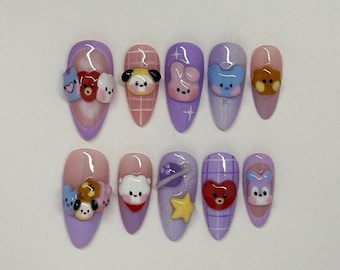 Uñas postizas moradas BT21 / Uñas postizas con personajes lindos del Kpop / Arte de uñas 3D Tata Chimmy Cooky / Regalo kawaii del ejército para ella / Uñas de anime hechas a mano