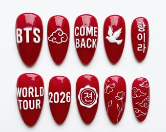 Uñas postizas BTS Comeback World Tour 2026: set de uñas hechas a mano por fans del Kpop. Set de uñas inspirado en el Kpop, uñas postizas largas y brillantes.