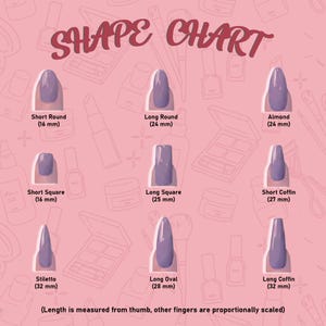 Puede incluir: Un gr&aacute;fico rosa que muestra varias formas de u&ntilde;as, incluyendo Short Round (16 mm), Long Round (24 mm), Almond (24 mm), Short Square (16 mm), Long Square (25 mm), Short Coffin (27 mm), Stiletto (32 mm), Long Oval (28 mm) y Long Coffin (32 mm). El texto "SHAPE CHART" est&aacute; en la parte superior.