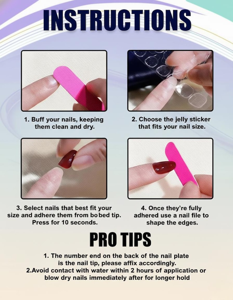 Puede incluir: Instrucciones para aplicar u&ntilde;as postizas en cuatro pasos. Los pasos incluyen pulir las u&ntilde;as, seleccionar pegatinas de gelatina y u&ntilde;as, y dar forma a los bordes. El texto tambi&eacute;n incluye consejos profesionales.