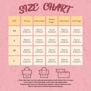 Puede incluir: Una tabla de tallas de u&ntilde;as postizas en rosa y blanco. La tabla incluye medidas en mil&iacute;metros y pulgadas para cada dedo, desde XS hasta L. Se incluyen instrucciones para medir las u&ntilde;as.