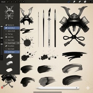 Puede incluir: Una interfaz de arte digital muestra ilustraciones de cascos de samur&aacute;is y varias pinceladas. La imagen muestra salpicaduras de tinta, pinceles y un l&aacute;piz &oacute;ptico. La interfaz incluye nombres de pinceles como "Katana Brush" y "Ronin Wash".