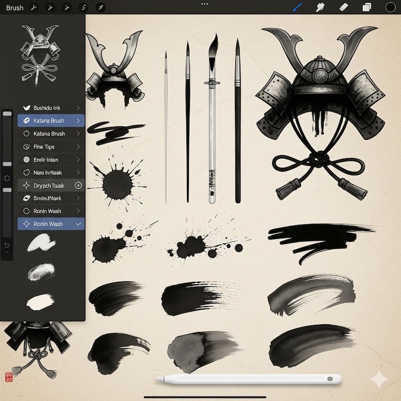 Puede incluir: Una interfaz de arte digital muestra ilustraciones de cascos de samur&aacute;is y varias pinceladas. La imagen muestra salpicaduras de tinta, pinceles y un l&aacute;piz &oacute;ptico. La interfaz incluye nombres de pinceles como "Katana Brush" y "Ronin Wash".