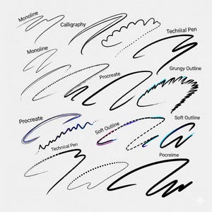 K&ouml;nnte beinhalten: Eine Illustration mit verschiedenen digitalen Pinselstrichen, darunter "Monoline" und "Calligraphy". Jeder Strich ist beschriftet und zeigt verschiedene Stile und Effekte f&uuml;r digitale Kunst und Design.