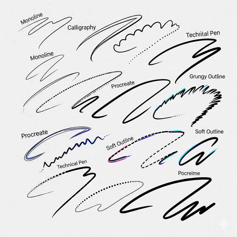 K&ouml;nnte beinhalten: Eine Illustration mit verschiedenen digitalen Pinselstrichen, darunter "Monoline" und "Calligraphy". Jeder Strich ist beschriftet und zeigt verschiedene Stile und Effekte f&uuml;r digitale Kunst und Design.