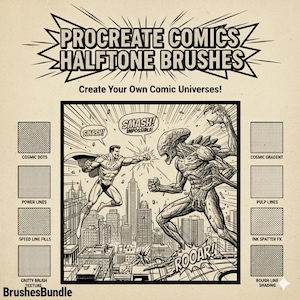 May include: Black and white comic-style illustration featuring a superhero punching a monster in a city. The image includes text: "PROCREATE COMICS HALFTONE BRUSHES" and "Create Your Own Comic Universes!" with examples of brush textures.