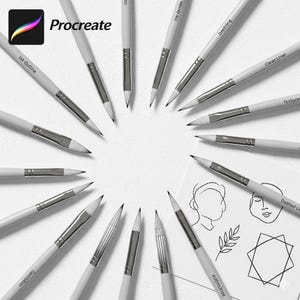 K&ouml;nnte beinhalten: Eine Anordnung wei&szlig;er digitaler Kunstpinsel mit silbernen Zwingen, kreisf&ouml;rmig angeordnet. Das Wort "Procreate" ist sichtbar, zusammen mit Pinseln wie "Ink Outline" und "Clean Liner". Eine Zeichnung mit einem Gesicht und geometrischen Formen ist ebenfalls vorhanden.