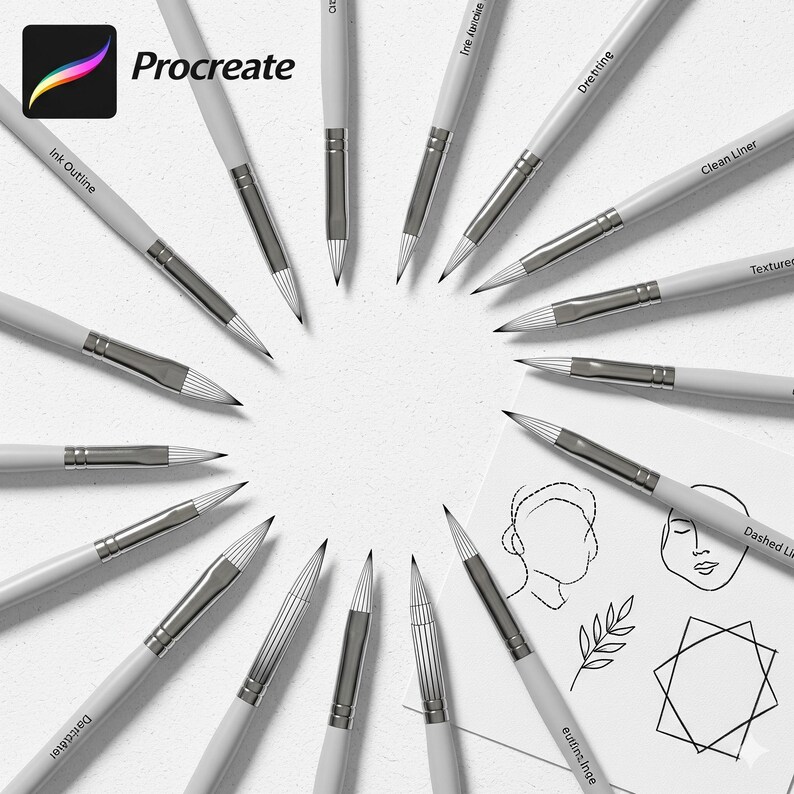 K&ouml;nnte beinhalten: Eine Anordnung wei&szlig;er digitaler Kunstpinsel mit silbernen Zwingen, kreisf&ouml;rmig angeordnet. Das Wort "Procreate" ist sichtbar, zusammen mit Pinseln wie "Ink Outline" und "Clean Liner". Eine Zeichnung mit einem Gesicht und geometrischen Formen ist ebenfalls vorhanden.
