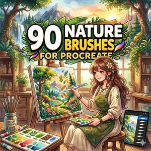Può includere: Illustrazione di una donna che dipinge un paesaggio con un tablet digitale e una tavolozza. Il testo "90 NATURE BRUSHES FOR PROCREATE" è visibile. Sono visibili anche un barattolo di pennelli e una tavolozza.