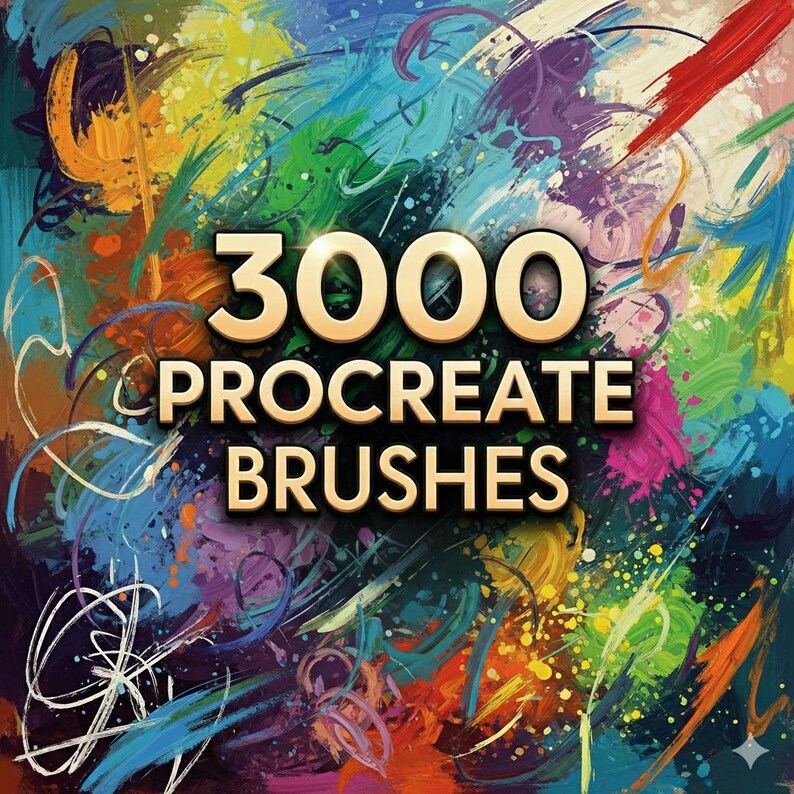 May include: Abstract digital art with vibrant brushstrokes in blue, green, yellow, purple, and red. The text "3000 PROCREATE BRUSHES" is displayed in a gold, 3D font, suggesting digital art tools or assets.