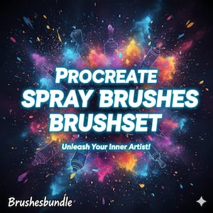 May include: A digital art graphic featuring the text "PROCREATE SPRAY BRUSHES BRUSHSET" in white, set against a backdrop of colourful paint splatters and spray paint can illustrations. The phrase "Unleash Your Inner Artist!" is also included.