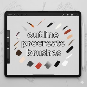K&ouml;nnte beinhalten: Ein digitales Tablet zeigt den Text "outline procreate brushes", umgeben von verschiedenen Pinselstrich-Beispielen in verschiedenen Farben. Auf der rechten Seite des Tablets liegt ein wei&szlig;er Stift. Der Hintergrund ist hellgrau mit schwachen Kritzeln.