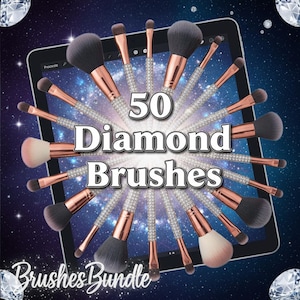 May include: A collection of 50 diamond makeup brushes arranged in a starburst pattern. The brushes have rose gold handles and sparkling crystal accents. The text "50 Diamond Brushes" is prominently displayed, with "Brushes Bundle" below.