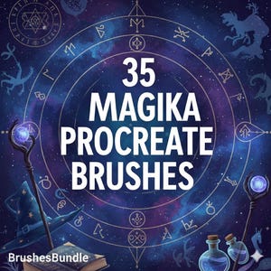 May include: A digital art graphic with a cosmic theme. The image features the text "35 MAGIKA PROCREATE BRUSHES" in white, set against a dark blue and purple starry background. Decorative elements include a wizard's hat, a staff with a glowing orb, and potion bottles.