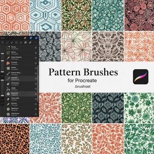 May include: A digital art product showcasing a variety of pattern brushes for Procreate. The image displays a grid of diverse patterns in shades of orange, green, blue, and brown. The text "Pattern Brushes for Procreate .brushset" is featured prominently, along with the Procreate logo.