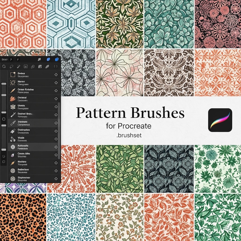 May include: A digital art product showcasing a variety of pattern brushes for Procreate. The image displays a grid of diverse patterns in shades of orange, green, blue, and brown. The text "Pattern Brushes for Procreate .brushset" is featured prominently, along with the Procreate logo.