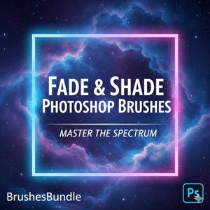 Op de afbeelding: Digitale afbeelding met de tekst "FADE & SHADE PHOTOSHOP BRUSHES" in het wit, in een neon blauw en roze vierkant kader. De achtergrond is een nevel van blauw, paars en roze. De tekst "MASTER THE SPECTRUM" staat onder de hoofdtekst. Het BrushesBundle-logo staat onderaan.