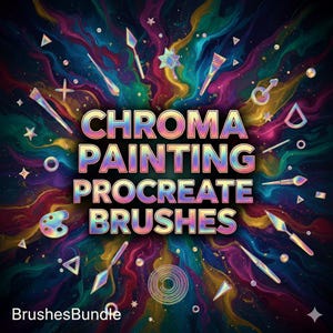 May include: A digital artwork with the text "CHROMA PAINTING PROCREATE BRUSHES" in iridescent colours. The image features art tools such as paintbrushes, palette, and palette knives, set against a vibrant, swirling background of blues, greens, and purples.
