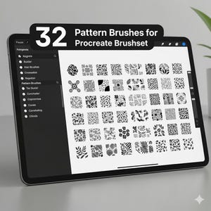 May include: A digital tablet displays a set of 32 pattern brushes for Procreate. The screen shows a grid of black and white floral and geometric designs. The tablet is on a light gray surface.