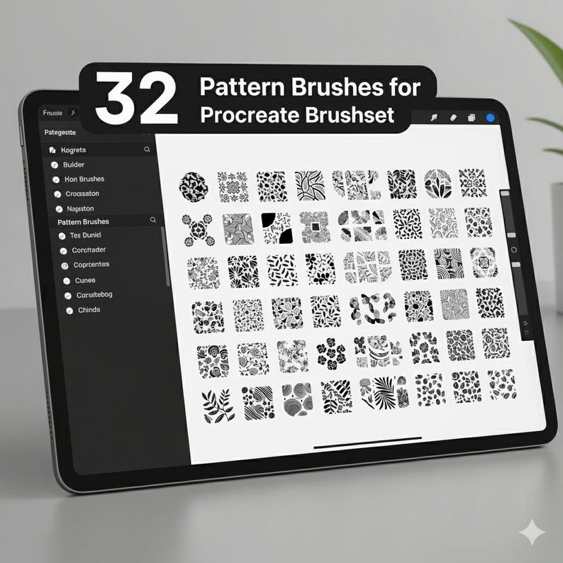 May include: A digital tablet displays a set of 32 pattern brushes for Procreate. The screen shows a grid of black and white floral and geometric designs. The tablet is on a light gray surface.