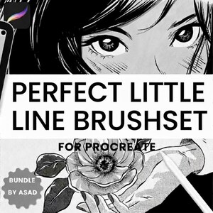 Könnte beinhalten: Ein digitales Kunstpinselset für Procreate mit dem Text "PERFECT LITTLE LINE BRUSHSET". Das Bild zeigt ein Tablet mit Pinseloptionen, Manga-Artwork und Pinselstrichbeispielen. Das Bundle ist von Asad.
