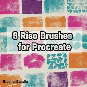 May include: An image showcasing a collection of eight Riso brushes for Procreate, each with a unique texture and color. The brushes are arranged in a grid pattern, featuring shades of pink, purple, orange, and teal. The text "8 Riso Brushes for Procreate" is prominently displayed.