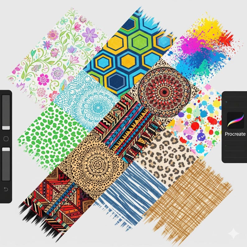 May include: A collection of patterned digital art swatches, including floral, geometric, and abstract designs. The swatches are arranged in a diagonal pattern, with a stylus and a tablet displaying the Procreate app on either side.