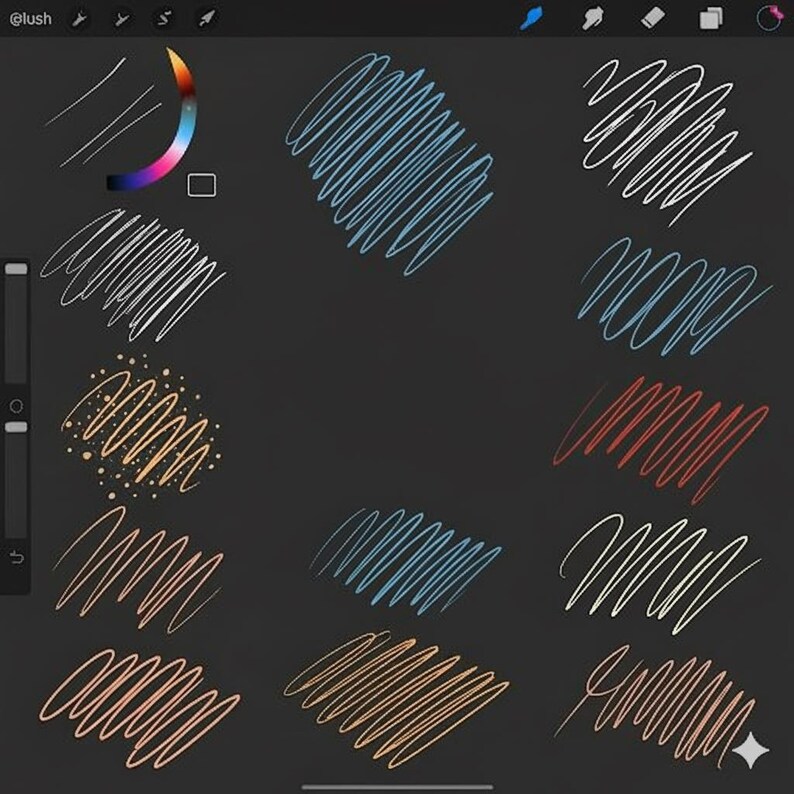 K&ouml;nnte beinhalten: Eine digitale Kunstpr&auml;sentation auf dunklem Hintergrund, die verschiedene Pinselstrichstile und -farben zeigt. Das Bild enth&auml;lt Beispiele f&uuml;r gerade Linien, Kritzeleien und gepunktete Muster in Wei&szlig;-, Blau-, Rot-, Orange- und Goldt&ouml;nen. Der Text "@lush" wird oben links angezeigt.