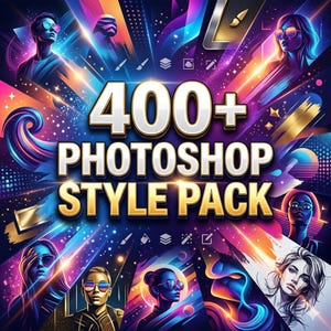 Könnte beinhalten: Eine digitale Grafik mit dem Text 400+ PHOTOSHOP STYLE PACK in fetter goldener Schrift. Der Hintergrund zeigt eine lebendige Explosion aus Neonfarben, Lichtstreifen und verschiedenen stilisierten Porträts von Personen mit Sonnenbrillen.