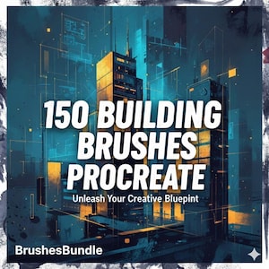 Può includere: Stampa d'arte digitale raffigurante un paesaggio urbano stilizzato con toni verde acqua e oro. Il testo recita "150 BUILDING BRUSHES PROCREATE" e "Unleash Your Creative Blueprint". Il logo BrushesBundle è in basso.