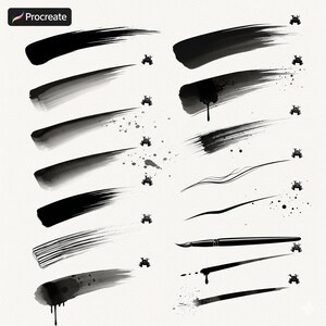 Puede incluir: Una colecci&oacute;n de trazos y salpicaduras de tinta negra, con un icono de casco de samur&aacute;i, sobre un fondo blanco. La esquina superior izquierda tiene la palabra "Procreate" en un rect&aacute;ngulo negro. Los trazos var&iacute;an en estilo, sugiriendo pinceles de arte digital.