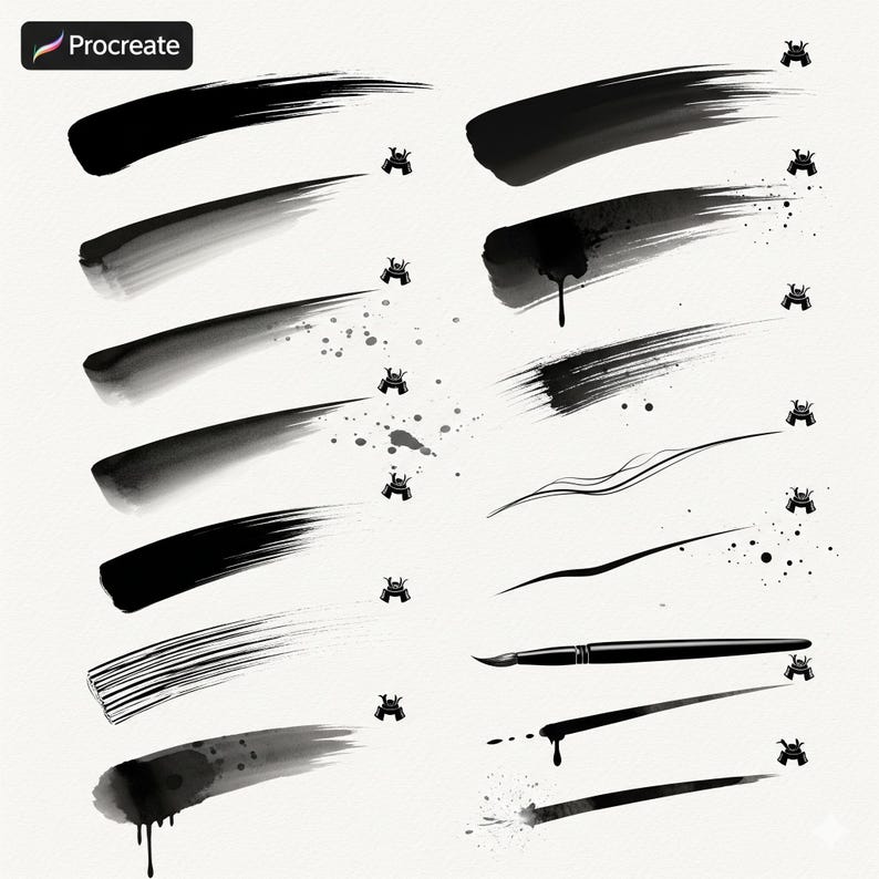 Puede incluir: Una colecci&oacute;n de trazos y salpicaduras de tinta negra, con un icono de casco de samur&aacute;i, sobre un fondo blanco. La esquina superior izquierda tiene la palabra "Procreate" en un rect&aacute;ngulo negro. Los trazos var&iacute;an en estilo, sugiriendo pinceles de arte digital.