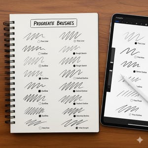 K&ouml;nnte beinhalten: Ein Spiralnotizblock und ein Tablet mit Procreate-Pinselstrichen. Das Notizbuch zeigt verschiedene Pinselstile, darunter Fine Liner, Outline und Rough Sketch. Das Tablet, mit einem Stift, spiegelt die Pinseloptionen wider.