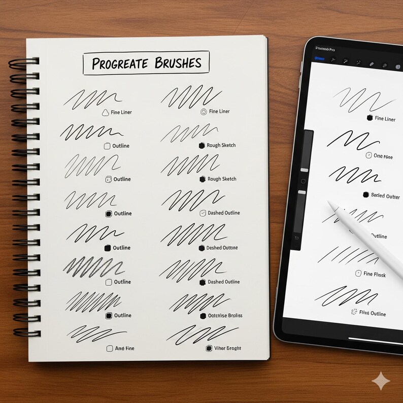 K&ouml;nnte beinhalten: Ein Spiralnotizblock und ein Tablet mit Procreate-Pinselstrichen. Das Notizbuch zeigt verschiedene Pinselstile, darunter Fine Liner, Outline und Rough Sketch. Das Tablet, mit einem Stift, spiegelt die Pinseloptionen wider.