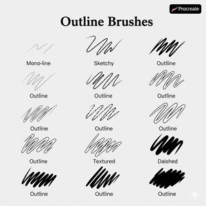 K&ouml;nnte beinhalten: Grafik mit verschiedenen Outline-Pinseln f&uuml;r die Procreate-App. Das Bild zeigt verschiedene Pinselstrichstile, darunter Mono-Linie, Skizze und Textur, mit dem Text "Outline Brushes" oben.