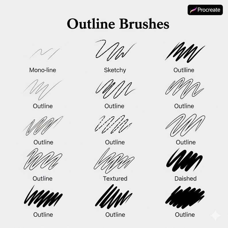 K&ouml;nnte beinhalten: Grafik mit verschiedenen Outline-Pinseln f&uuml;r die Procreate-App. Das Bild zeigt verschiedene Pinselstrichstile, darunter Mono-Linie, Skizze und Textur, mit dem Text "Outline Brushes" oben.