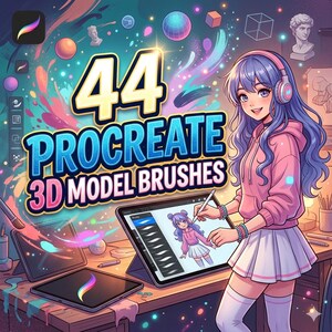 May include: Digital art illustration featuring a young woman with blue hair and a pink hoodie, drawing on a tablet. The image promotes "44 Procreate 3D Model Brushes". Other tablets and art supplies are on the wooden desk.