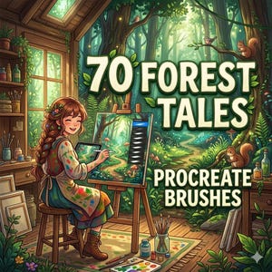 Peut inclure: Illustration d'une femme peignant une scène de forêt sur une tablette numérique, avec le texte "70 Forest Tales Procreate Brushes". L'œuvre est située dans un atelier en bois avec une fenêtre donnant sur une forêt luxuriante. Des écureuils et des oiseaux sont également présents.